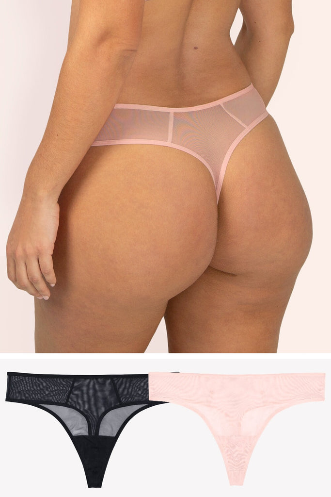 Lace Trim Mesh Thong Panty 2 Pack | Blushing Rose/Black Hue PANTY SAS Blushing Rose/Black Hue S 