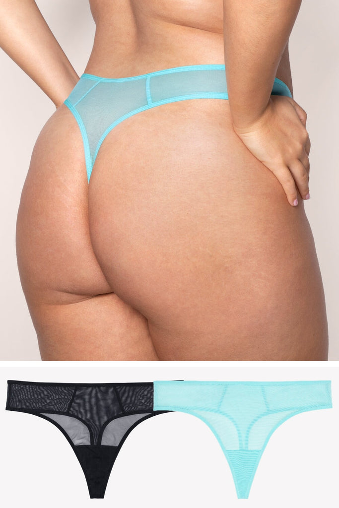 Sheer Mesh Thong Panty 2 Pack | Aquamarine/Black Hue PANTY SAS Aquamarine/Black Hue S 